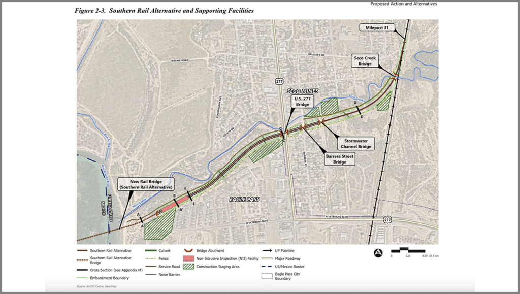 The Surface Transportation Board’s Office of Environmental Analysis has identified the Southern Rail Alternative, one of two studied, as the Preferred Alternative for Green Eagle Railroad’s proposed 1.335-mile rail line in Maverick County, Tex. (Map Courtesy of STB OEA)